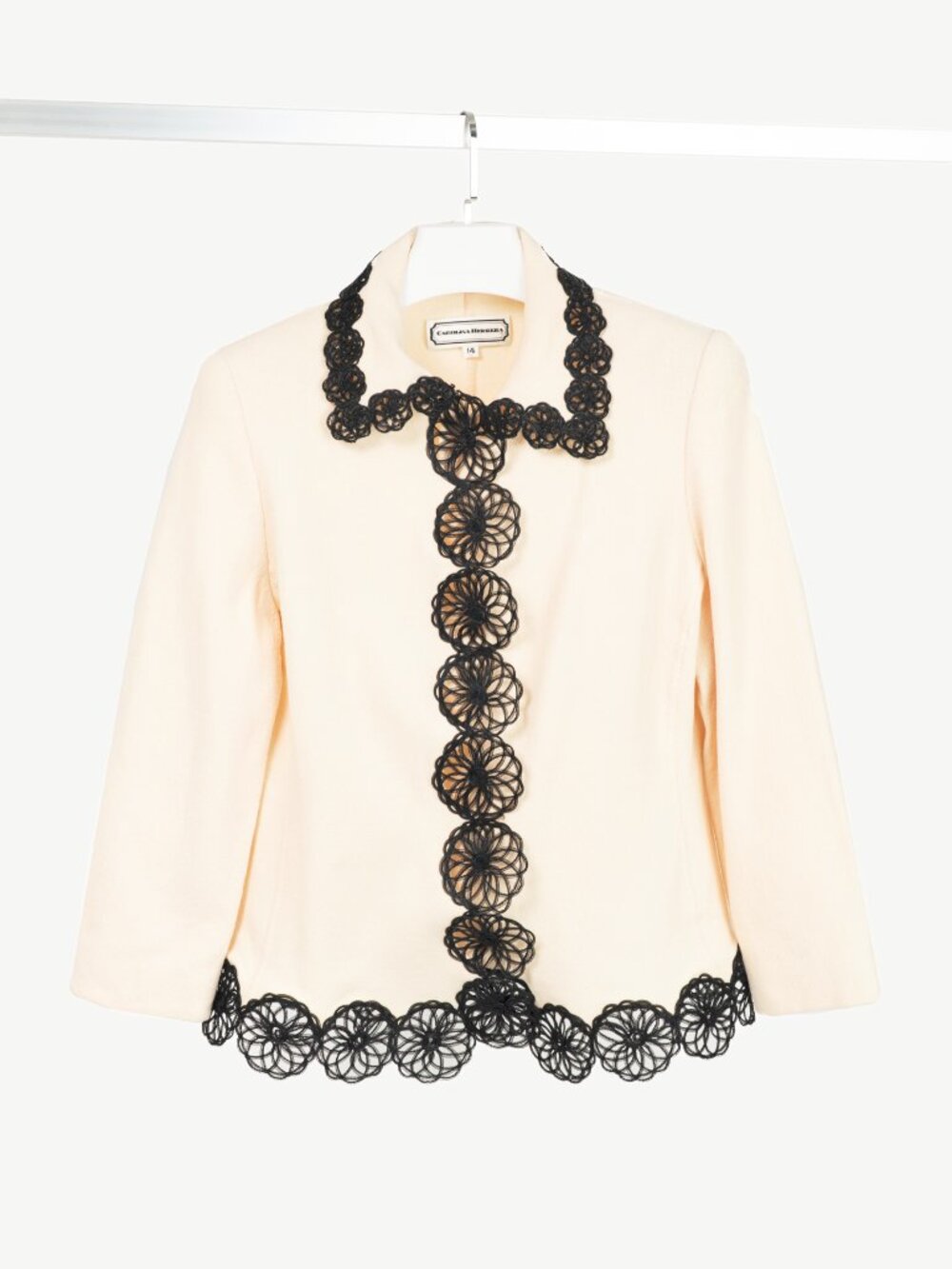 Carolina Herrera Vintage Cream Wool-Crepe Flower-Trim Blazer